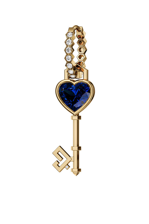  Key of Love Single Earring, 18K Yellow Gold with Diamonds & Kyanite