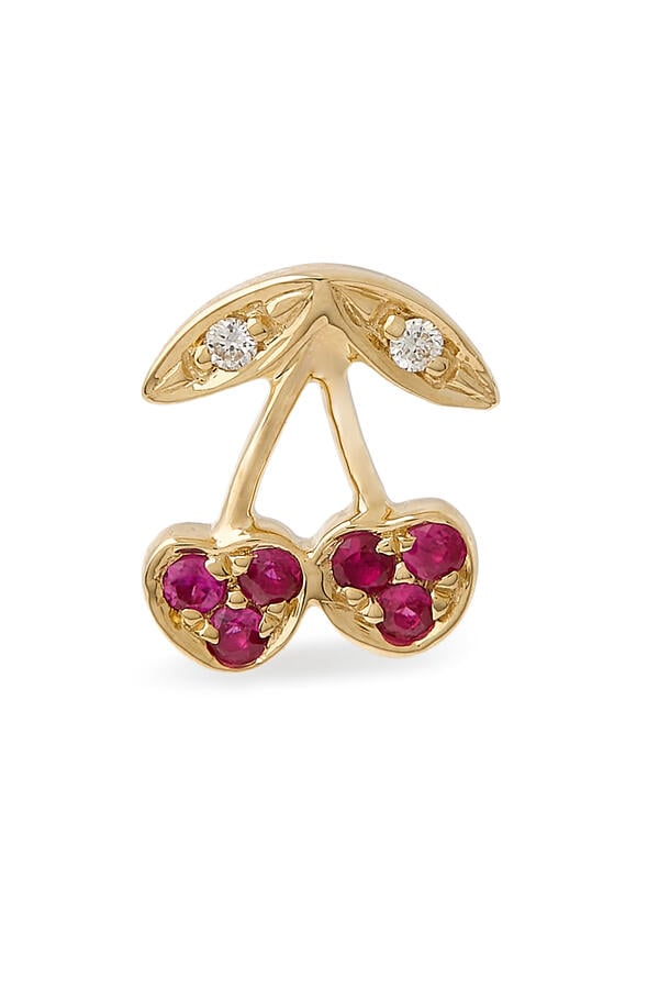 Pavé Cherry Single Stud Earring, 14K Yellow Gold, Ruby & Diamond