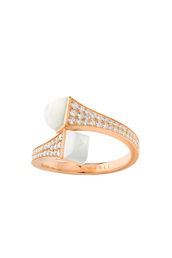 Cleo Diamond Midi Ring, 18k Pink Gold with White Agate & Diamonds