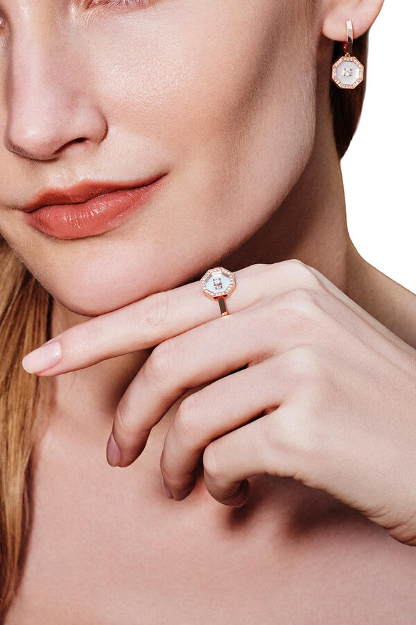 Ahjar Birwaz Ring,18K Rose Gold with Diamonds & Mother of Pearl