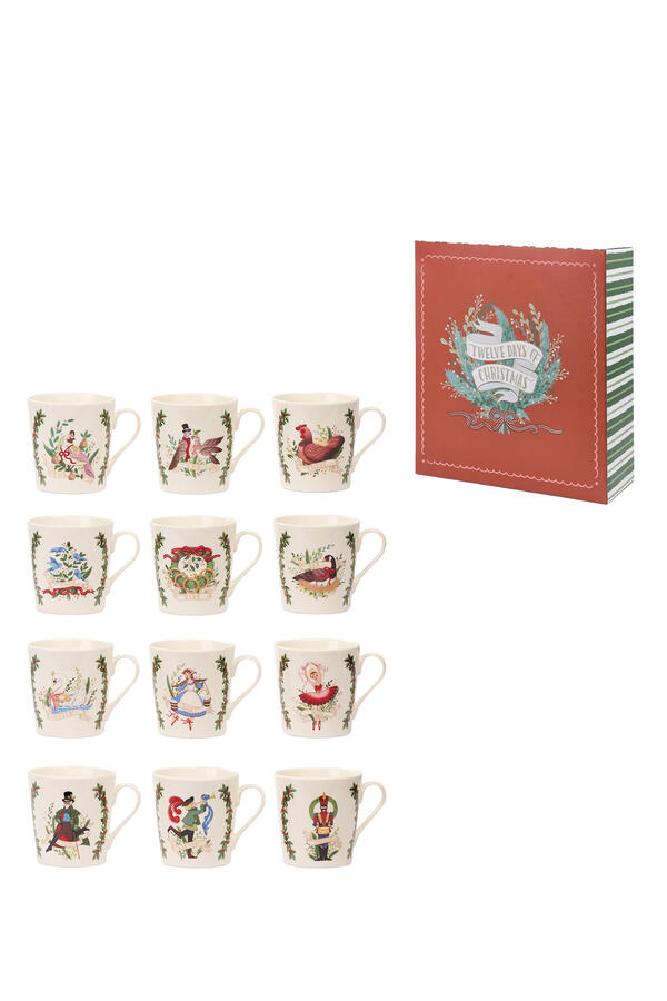 Porcelain 12 Days of Christmas Mugs, Set of 12