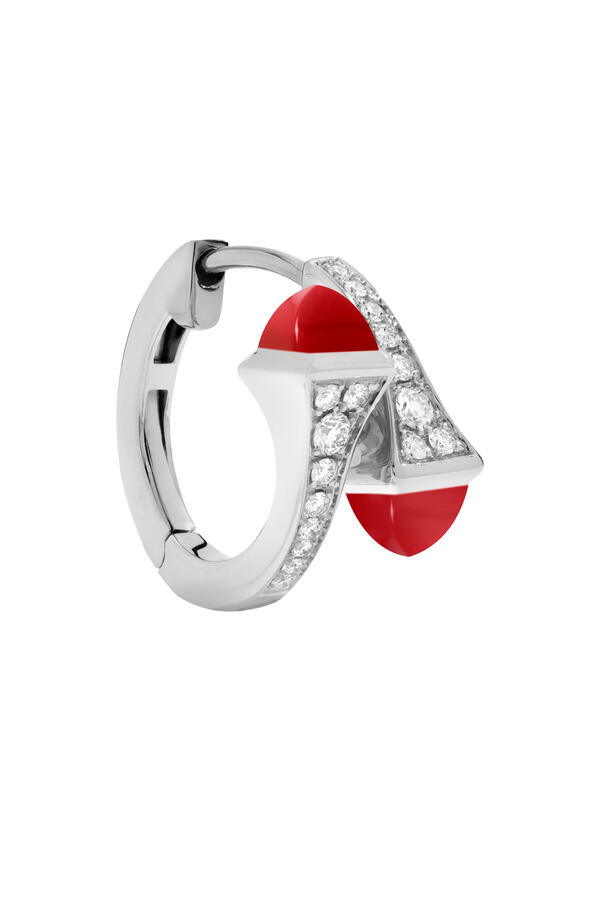 Cleo Huggie Earrings, 18k White Gold & Coral, Diamonds
