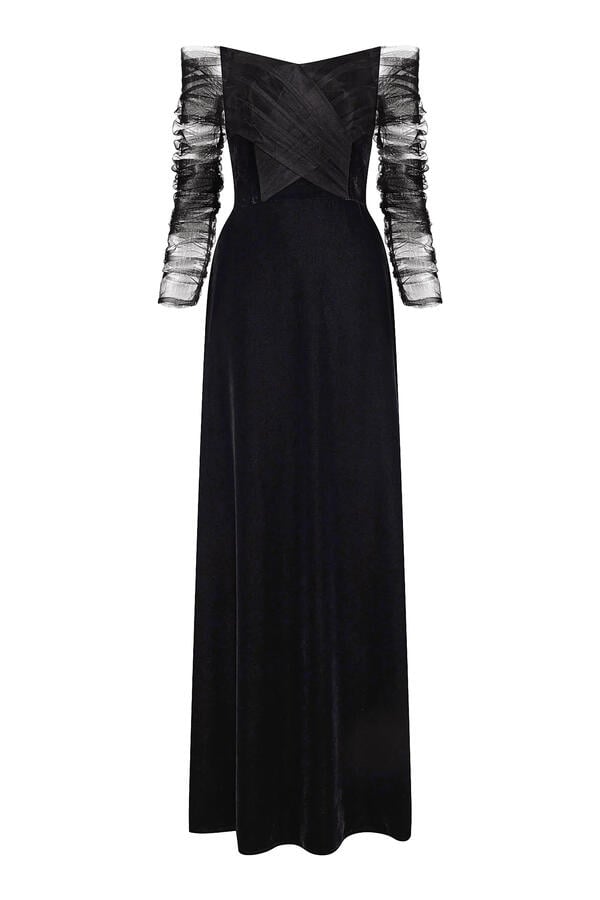 Off-Shoulder A-line Velvet Gown with Tulle Draped Bodice & Sleeves