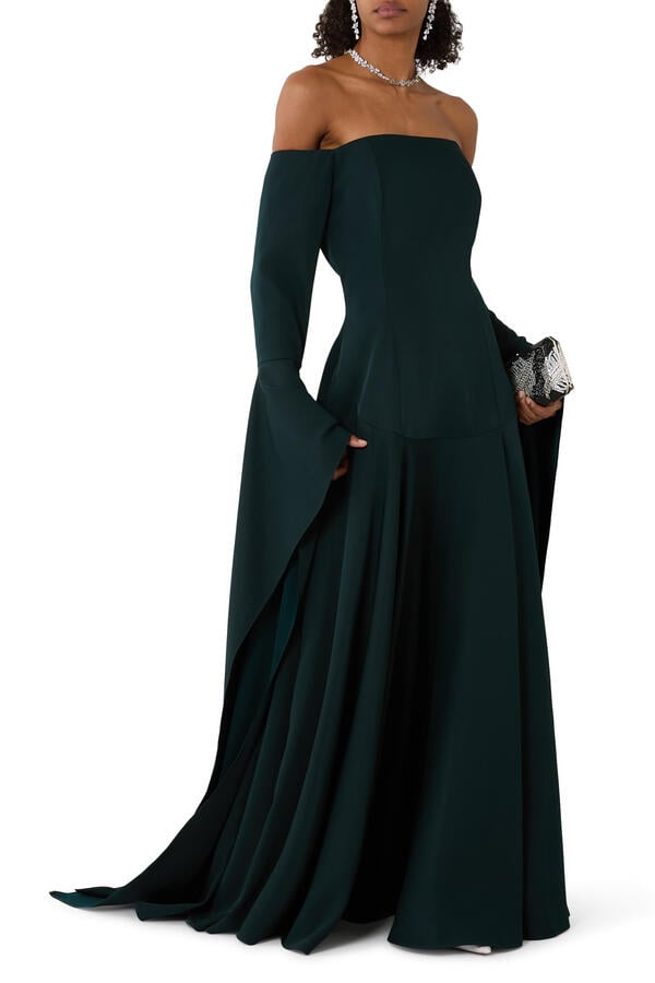 Off-Shoulder Statement Sleeve Crepe Gown