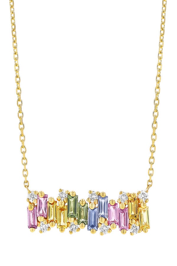 Shimmer Bar Pendant, 18K Yellow Gold with Diamonds & Pastel Sapphire Baguettes