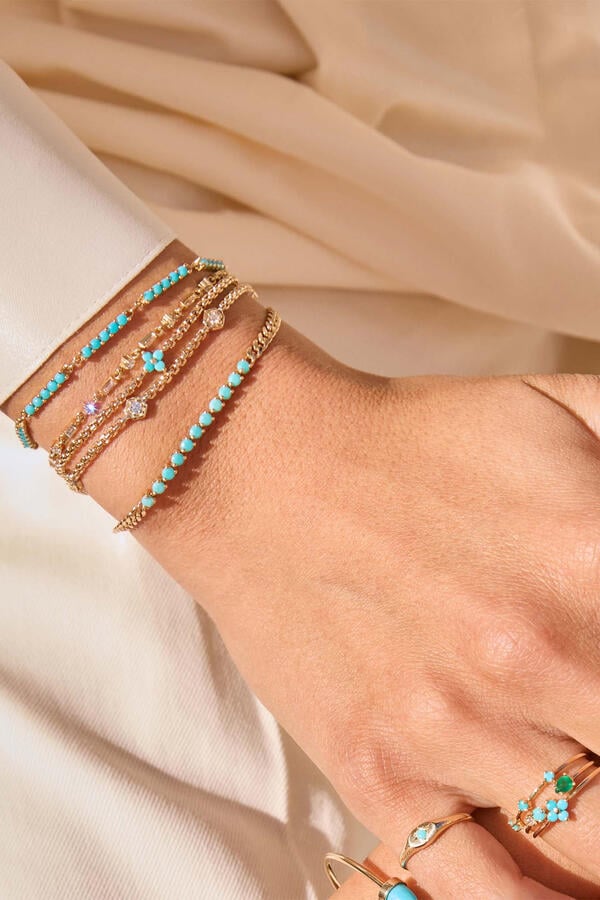  Prong Quad Small Box Chain Bracelet, 14K Yellow Gold with Turquoise