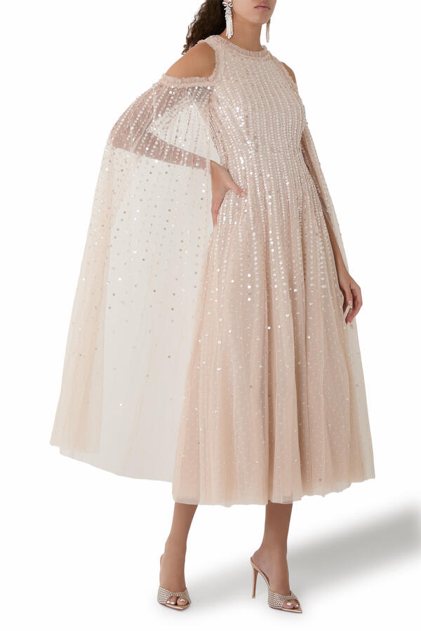 Moonlight Sequin Cape Sleeve Ankle Gown