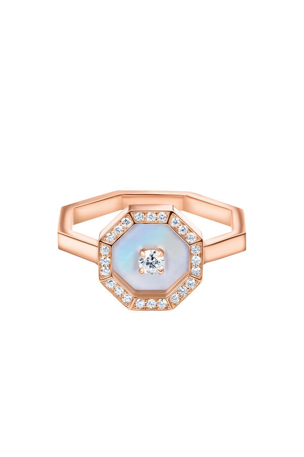 Ahjar Birwaz Ring,18K Rose Gold with Diamonds & Mother of Pearl