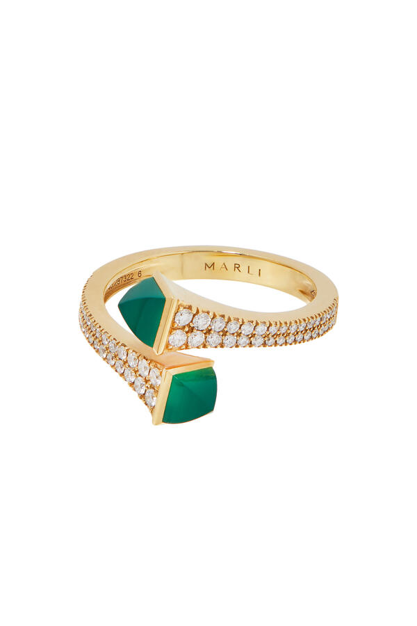 Cleo Slim Ring, 18k Yellow Gold with Green Agate & Diamonds