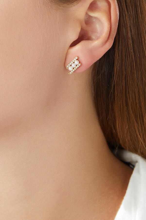 Sleek Bar Stud Earrings, 18k Yellow Gold with Akoya Pearls & Diamonds