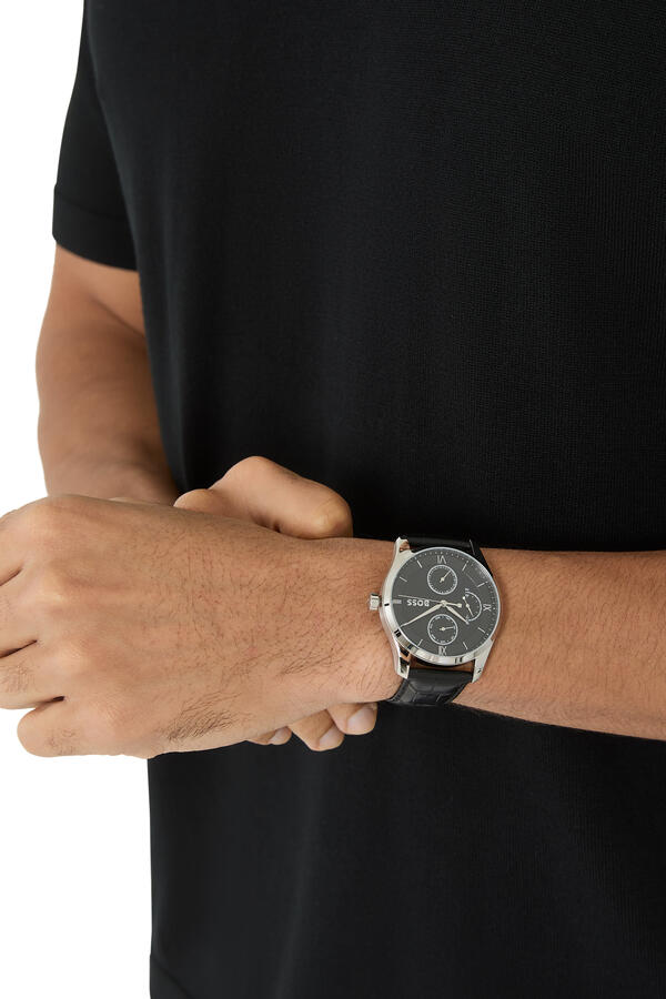 Black-Textured-Dial Watch with Leather Strap
