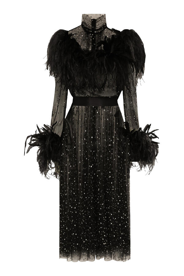 Calf-Length Stretch Tulle Dress with Fusible Rhinestones and Rooster and Ostrich Feather Embellishment 