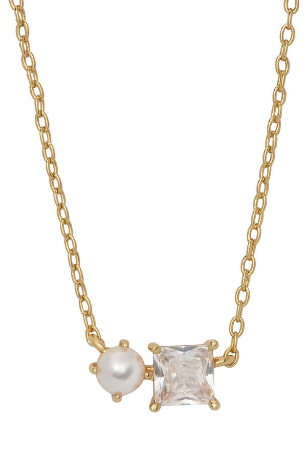 Victoria Pearl and Crystal Necklace, Plated Metal Stainless Steel & Glass Stone, Pearl