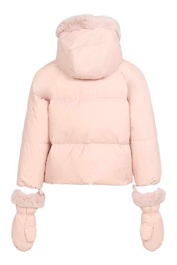 Kids Short Hooded Down Jacket with Fur Trim and Removable Mittens