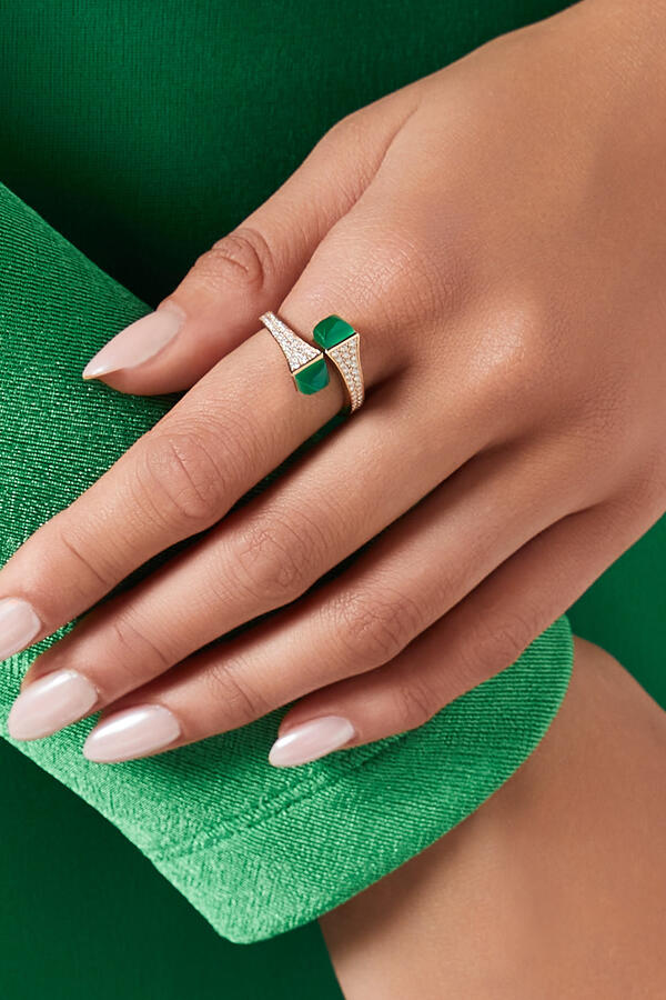 Cleo Midi Ring, 18k Pink Gold, Diamonds & Green Agate