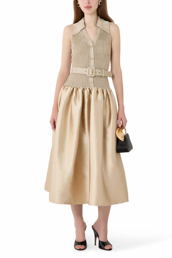 Sleeveless Knit Taffeta Midi Dress