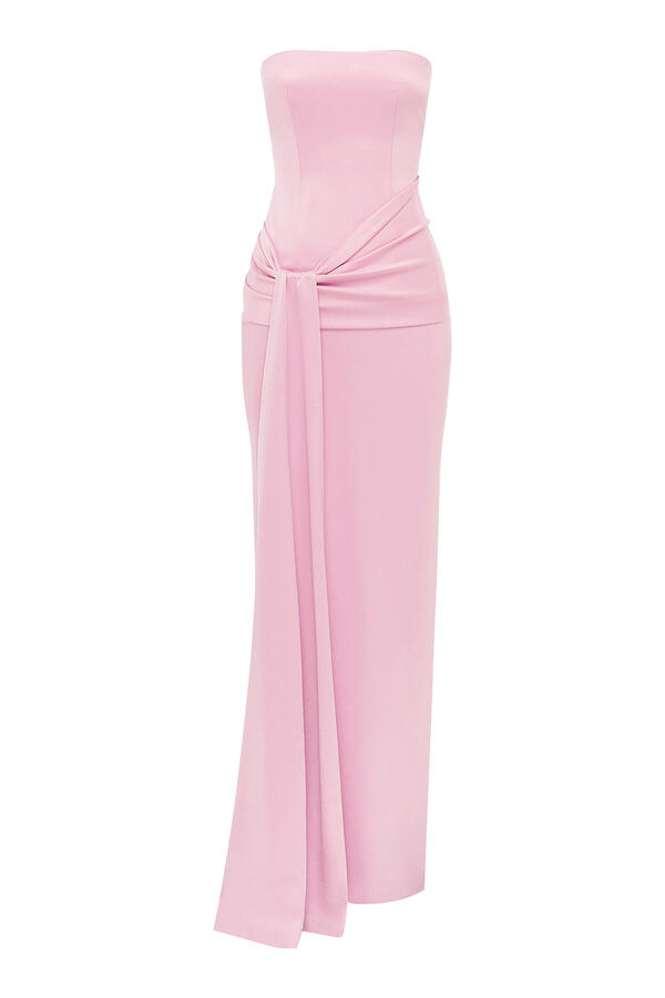  Strapless Sash Drape Column in Satin Crepe