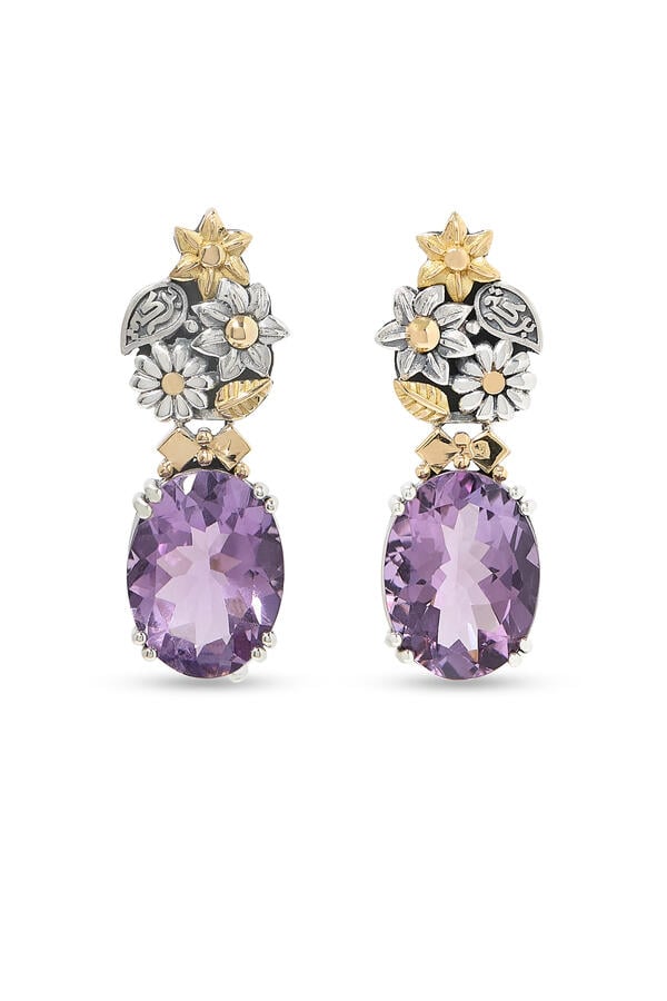  Bouquet of Blessings Earrings, 18K Yellow Gold with Sterling Silver & Amethyst