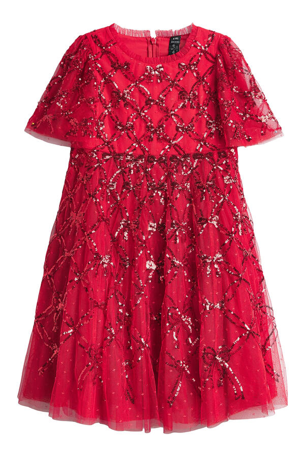 Kids Bow Lattice Short Sleeves Dress