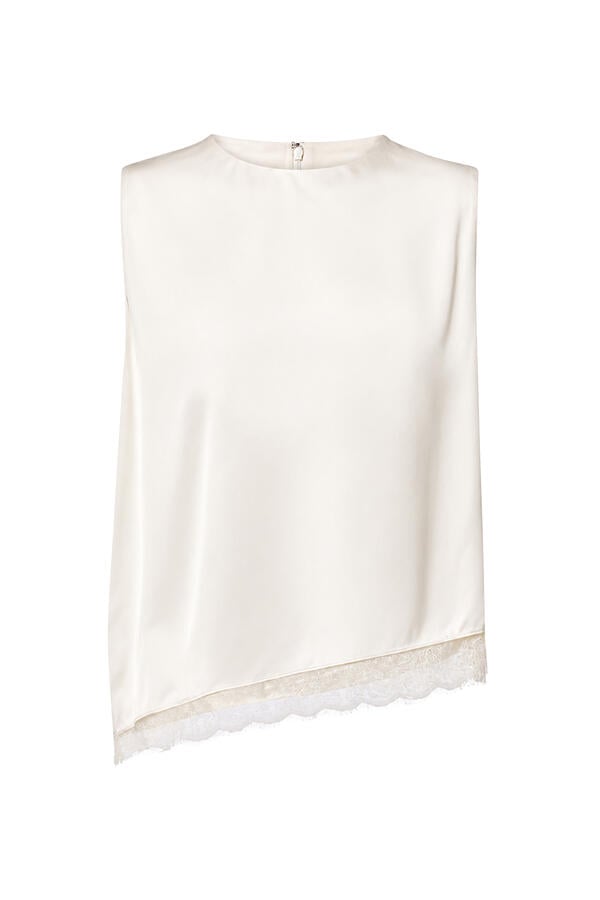Lace-Trim Satin Asymmetric Shell Top