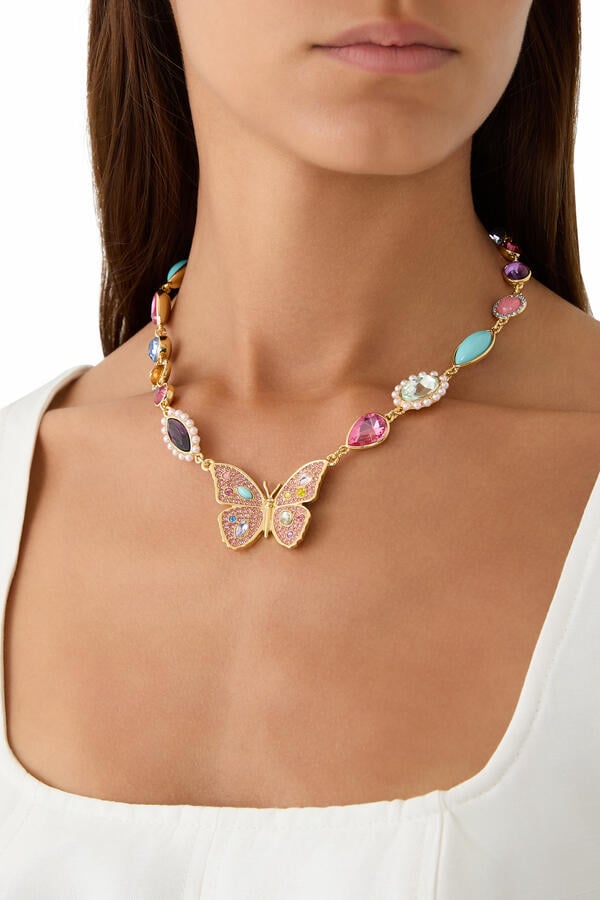 Butterfly Large Necklace, Brass & Crystals, Stones