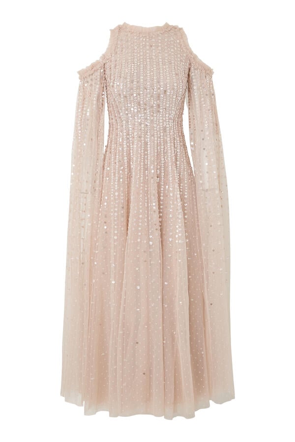 Moonlight Sequin Cape Sleeve Ankle Gown