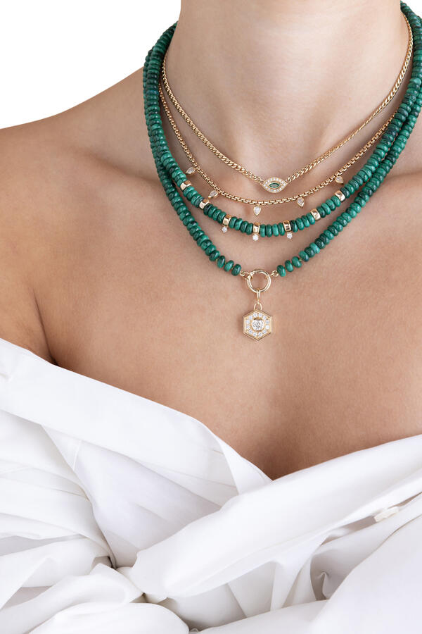 Small Curb Chain Halo Necklace, 14K Yellow Gold, Emerald & Diamonds