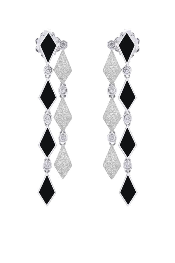 Mosaic Long Earrings, White Gold with Enamel & Diamonds