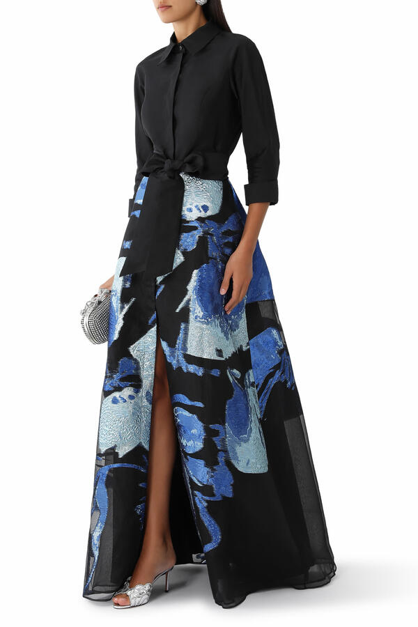 Taffeta Shirtwaist Metallic Organza Skirt Gown