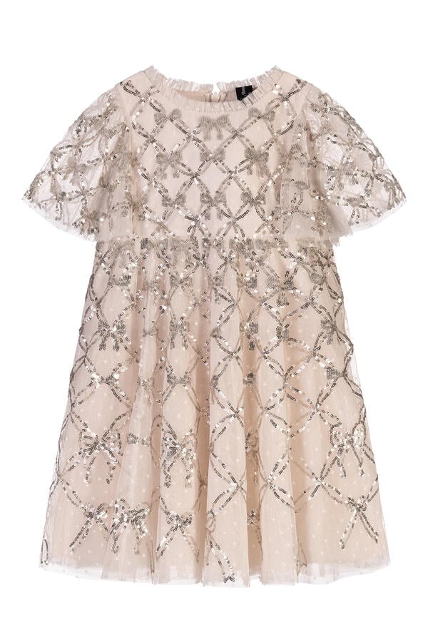 Kids Bow Lattice Short Sleeve Dress