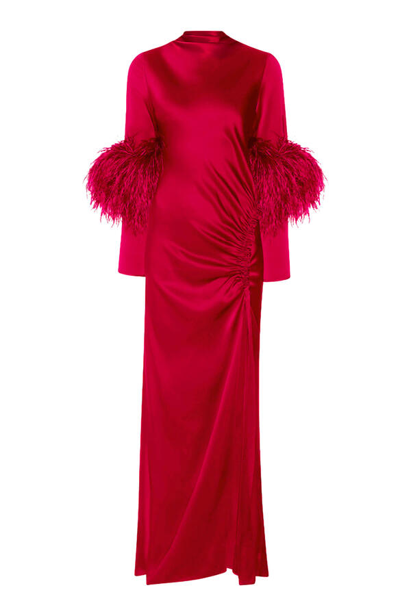 Satin Tab Gown with Feathers