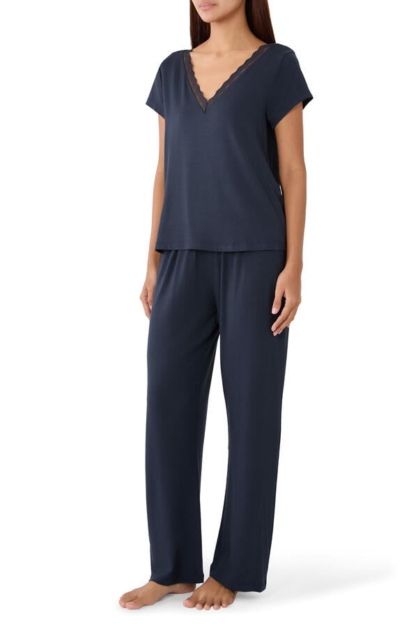 Cooling Jersey V Neck Lace Trim Pajama Set