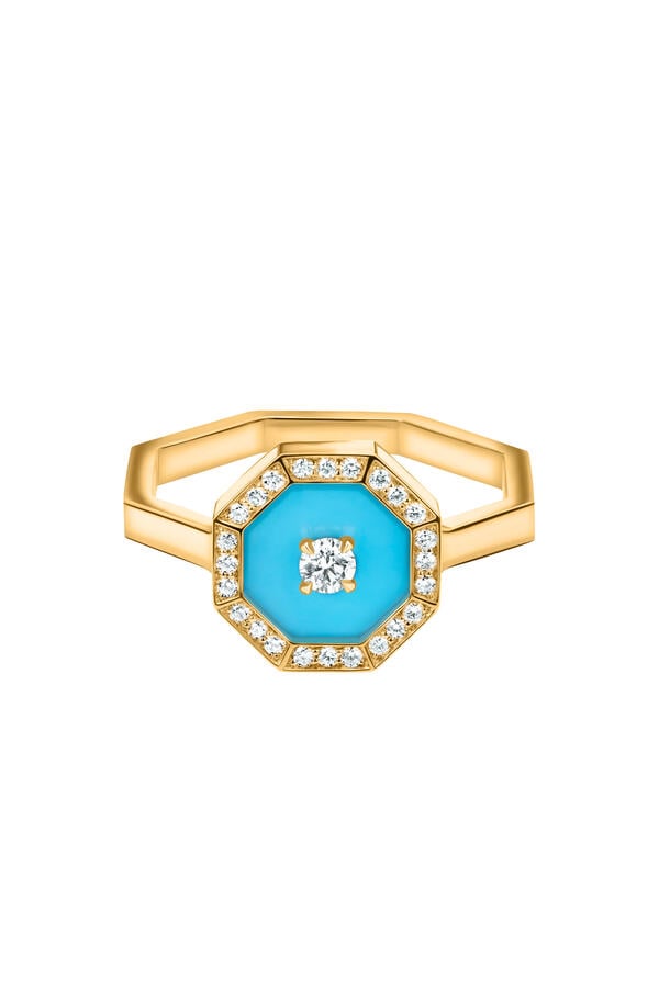 Ahjar Birwaz Ring, 18K Yellow Gold with Diamonds & Turquoise