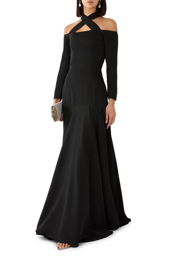 Off-Shoulder Criss-Cross Halter Ballgown