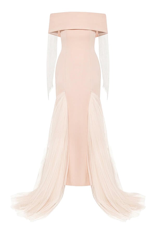 Off-Shoulder Crepe Gown with Tulle Trumpet Skirt