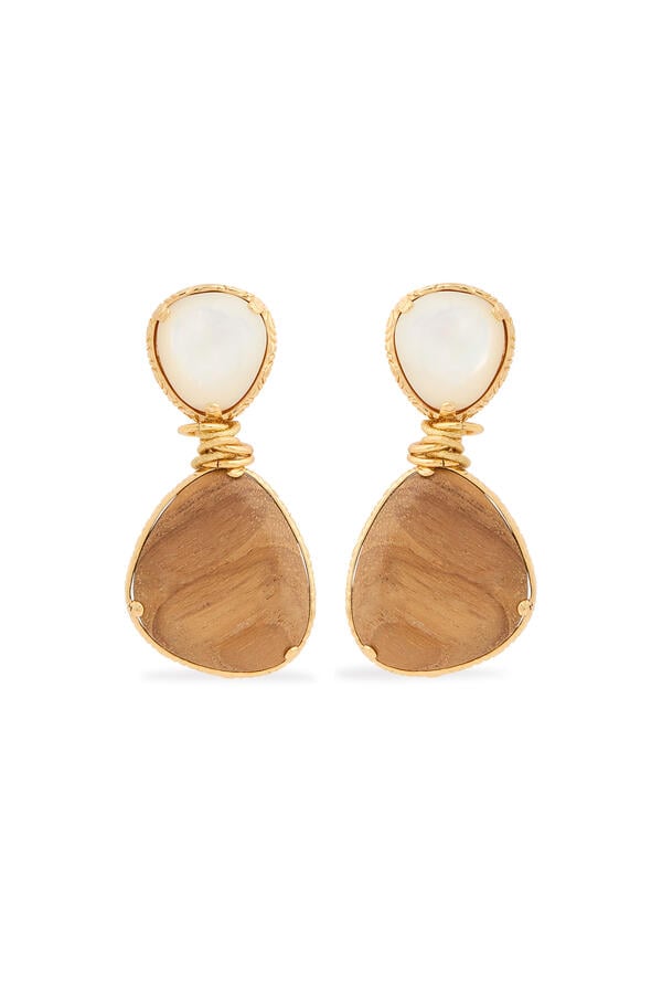 Silia Earrings, Gold-Plated Brass, Wood & White Mother-of-Pearl
