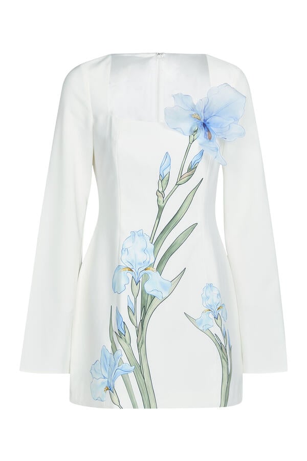 3D Floral Embellished Iris-Print Long Sleeves Mini Dress