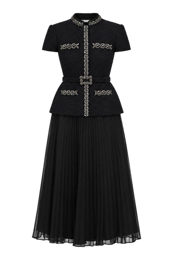 Boucle Crystal Trim Chiffon Midi Dress