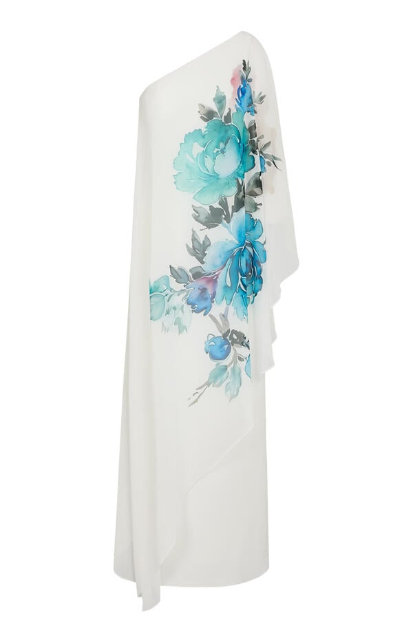  One Shoulder Chiffon Floral Print Gown 