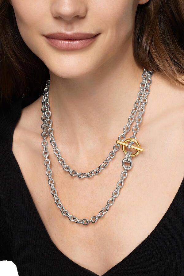 DY Mercer® Double Row Toggle Chain Necklace, Sterling Silver with 18K Yellow Gold and Diamonds