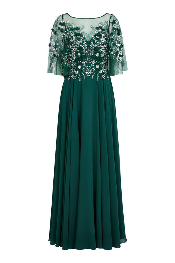 Sequin Embellished Cape Gown