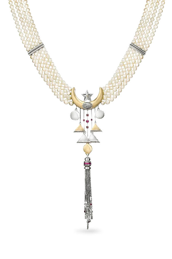 Beaded Crescent Necklace, 18K Gold with Sterling Silver & Pearls