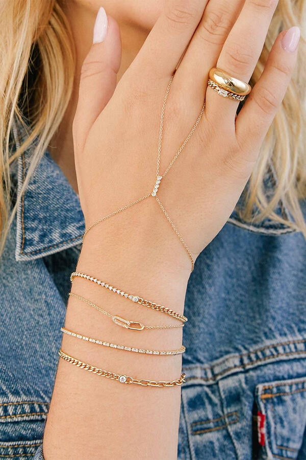  Bar Hand Chain, 14K Yellow Gold with Diamonds