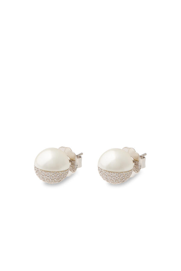 CZ and Pearl Split Stud Earrings, Rodhium, Cubic Zirconia & Glass Pearl