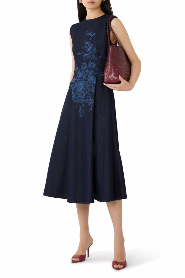 Flower Motif Denim Sleeveless Midi Dress