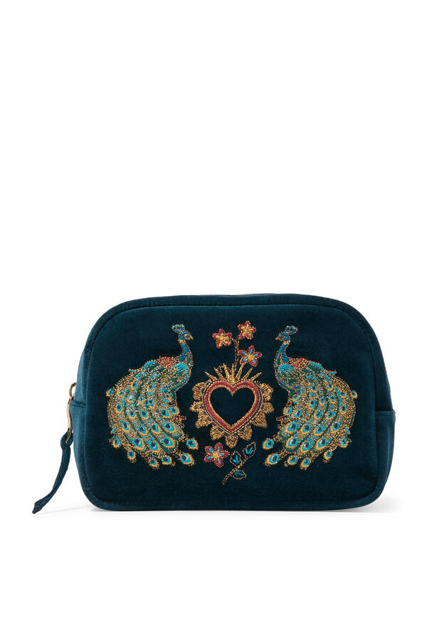Peacock Floral Velvet Makeup Bag
