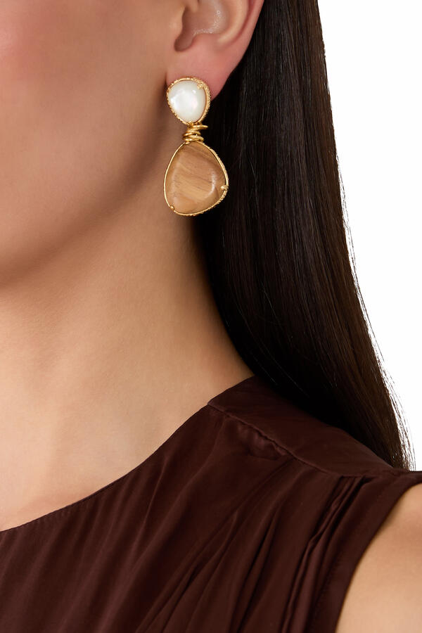 Silia Earrings, Gold-Plated Brass, Wood & White Mother-of-Pearl