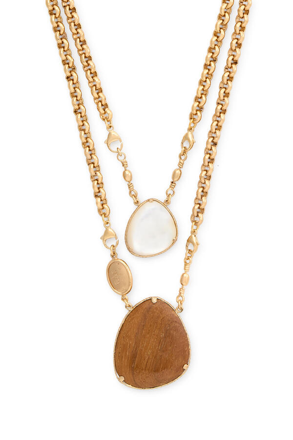 Silia Layered Stone Pendant Necklace, Gold-Plated Brass, Wood & Mother-of-Pearl