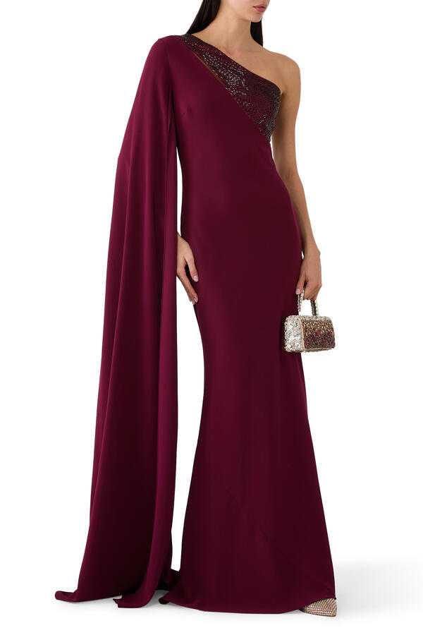 Diamante Panel One-Shoulder Cape Gown