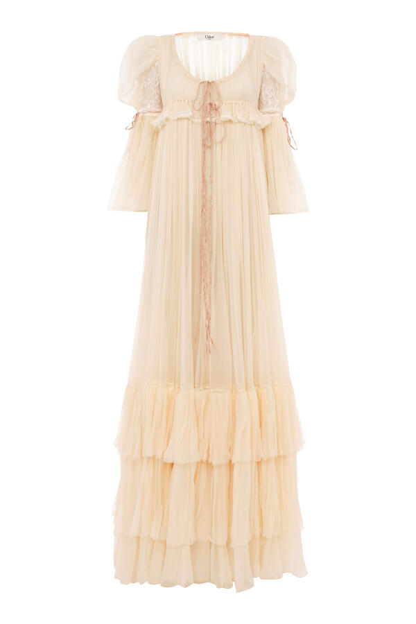 Oversized Silk Long Ruffled Dress
